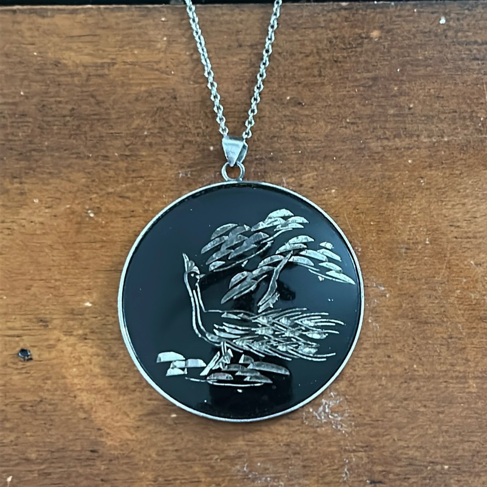 Vintage Japanese Amita silver with paon Pendant Necklace